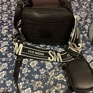 Steve Madden Black Crossbody with Branded Webbing Strap w/additional black strap